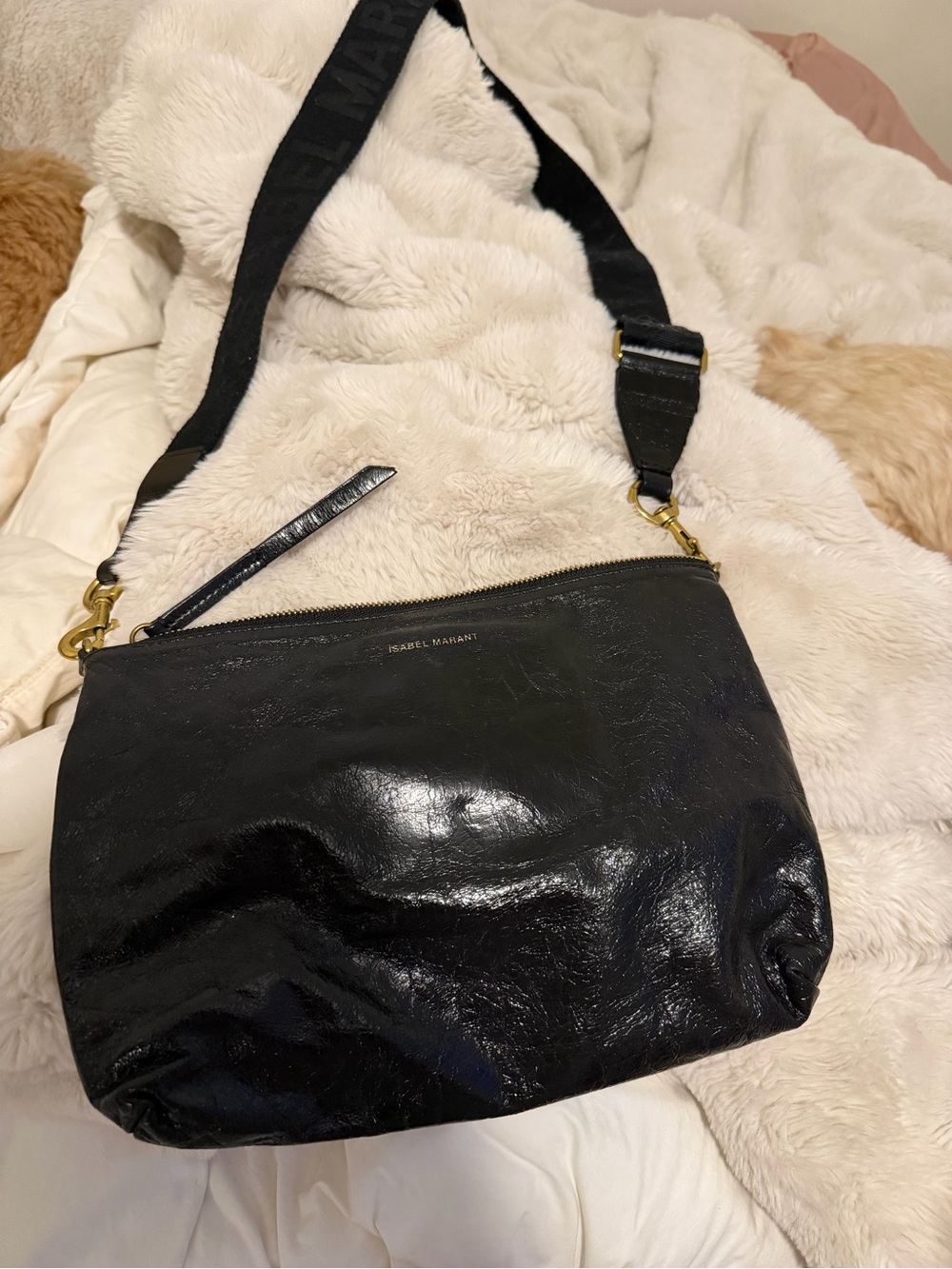 Isabel Marant Black Patent Leather Shoulder Bag with Logo Webbing Strap - Picture 5 of 5